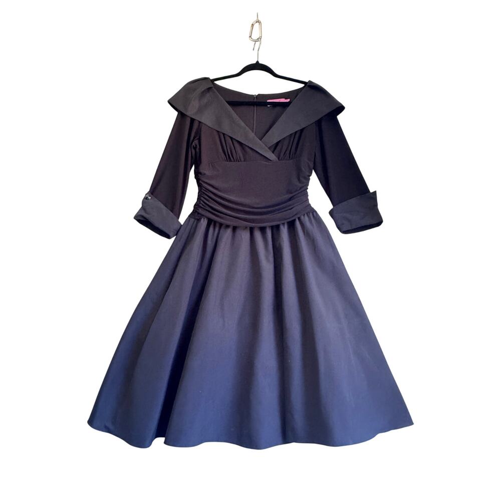 Eliza J Black Portrait Collar Fit Flare Cocktail Dress 3/4 Sleeve Size 10